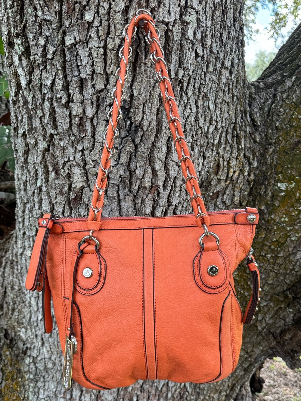 B.Makowsky Orange Pebbled Leather Shoulder Bag.Silver Tone Hardware.Chain Strap